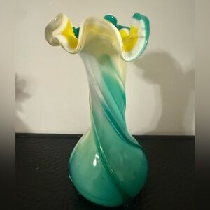 Multicolor Vase Swirled Yellow Green White Hand Blown Pre-Owned